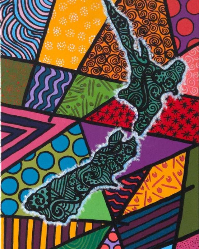 The North and South Islands of New Zealand in patterned teal with a white edge, set in a tall mosaic of colour shards filled with dots, stripes, waves and spirals, every shape outlined in black.