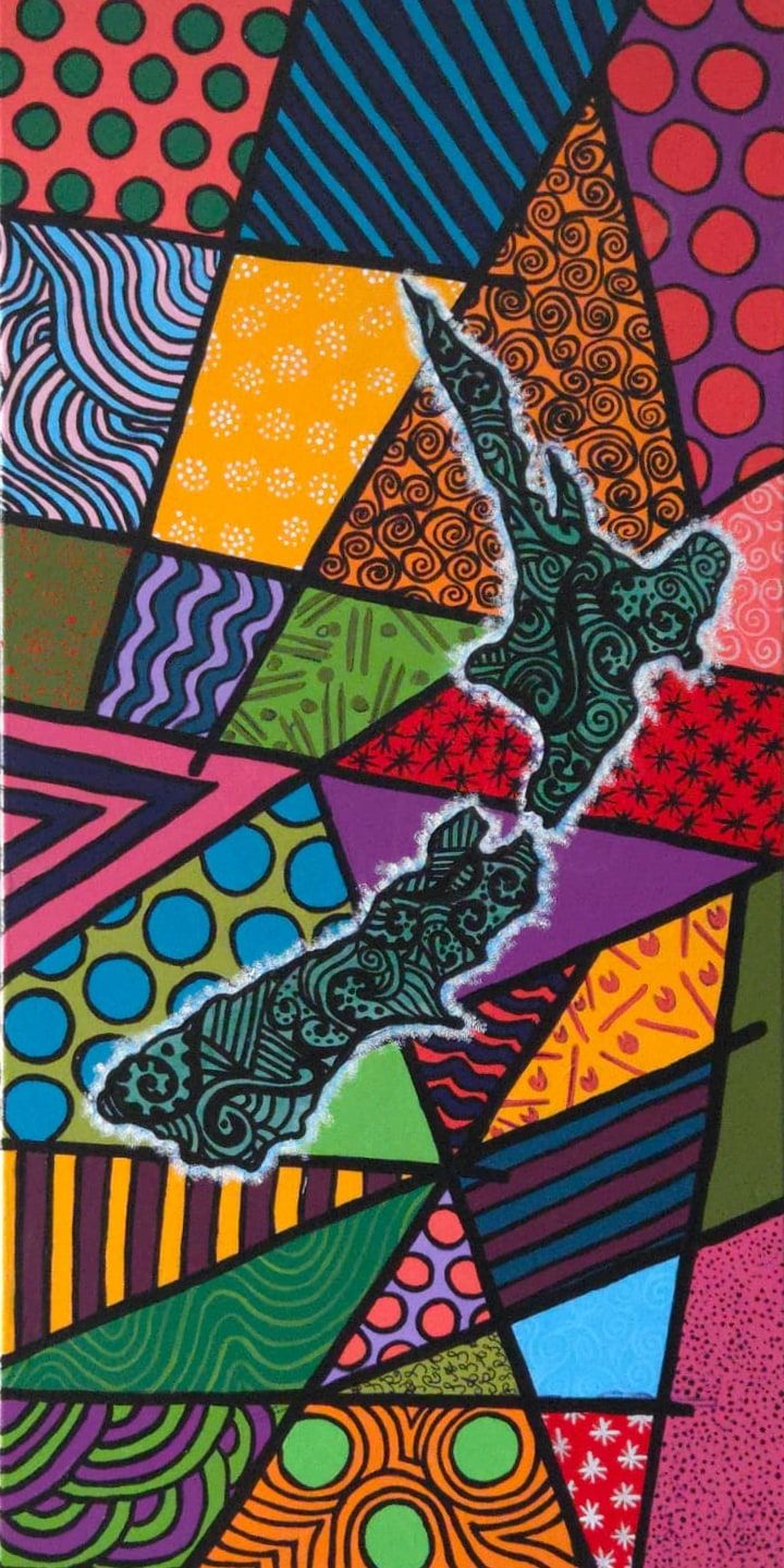 The North and South Islands of New Zealand in patterned teal with a white edge, set in a tall mosaic of colour shards filled with dots, stripes, waves and spirals, every shape outlined in black.