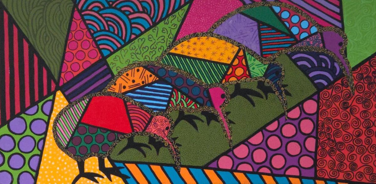 A kiwi in flat shards of green, red and pink with black feet, striding across a marigold ground on a wide canvas of patterned colour blocks, every shape outlined in black.