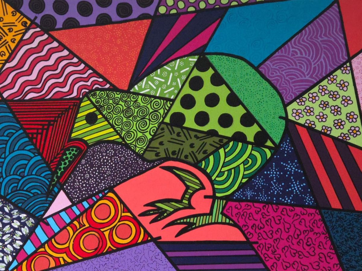 A bird with a green patterned head, a long striped beak and a coral chest, set in a mosaic of blue waves, red stripes, purple spirals and pink flowers on a landscape canvas, every shape outlined in black.