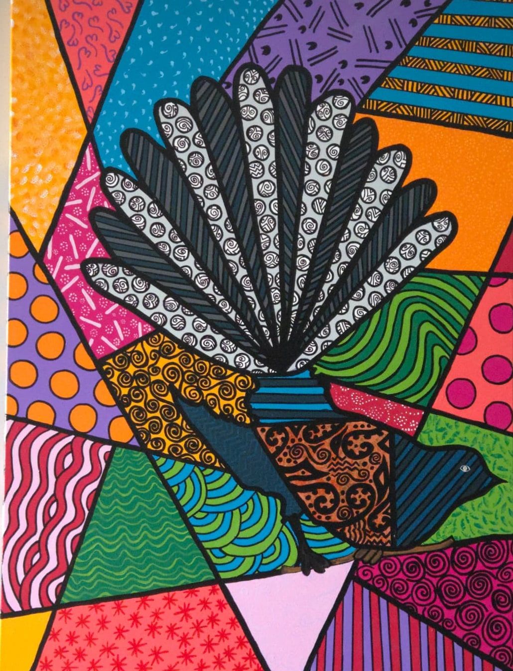 A fantail with its tail fanned wide in grey and white patterned feathers, its body in blue, orange and brown spirals, set against shards of orange, blue, pink and purple, every shape outlined in black.