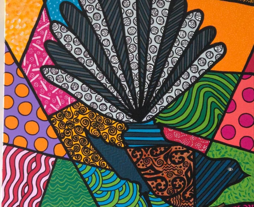 A fantail with its tail fanned wide in grey and white patterned feathers, its body in blue, orange and brown spirals, set against shards of orange, blue, pink and purple, every shape outlined in black.