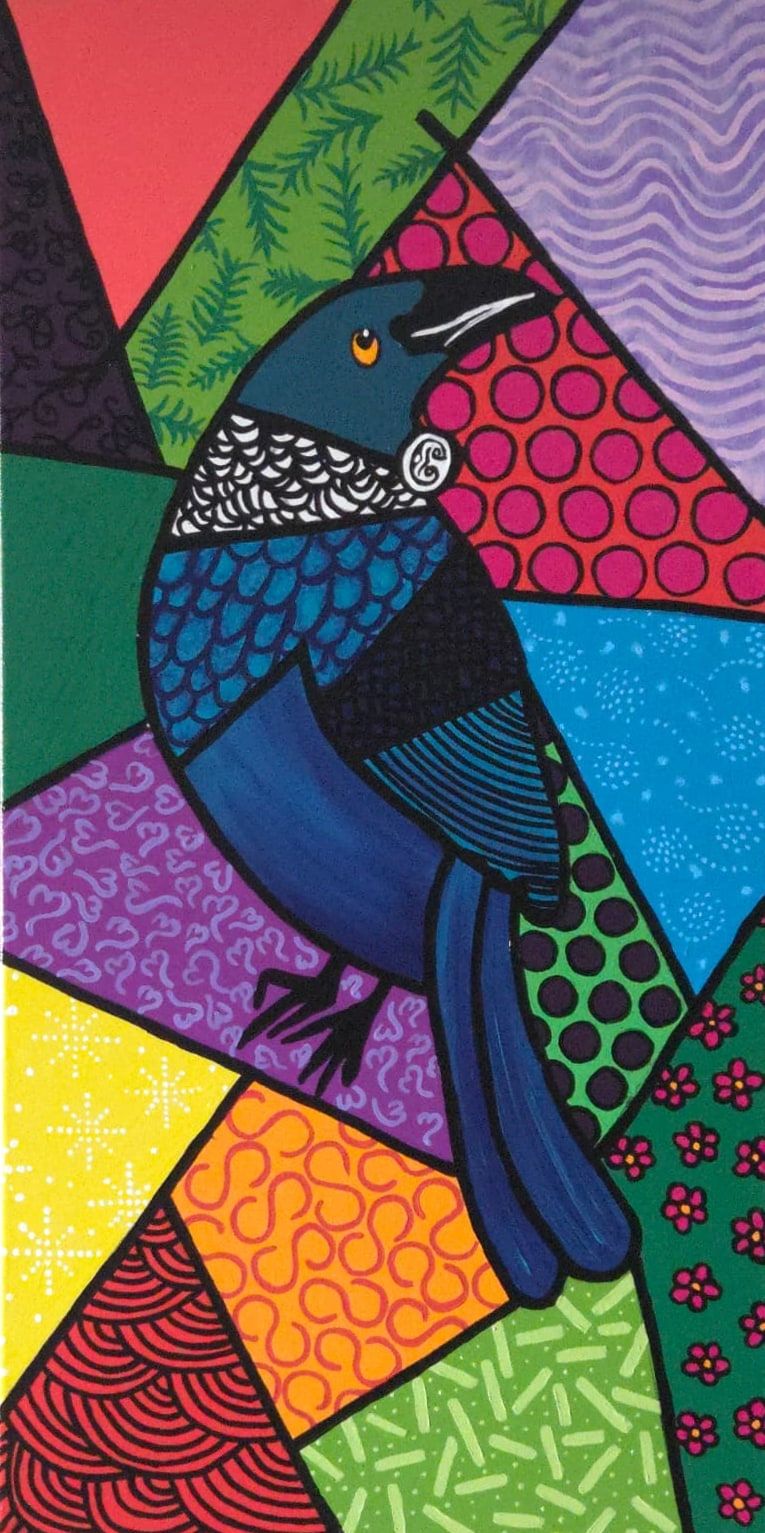 A tūī in blues with a white throat tuft and an orange eye, perched upright on a tall narrow canvas of patterned shards in red, green, purple, yellow and orange, every shape outlined in black.